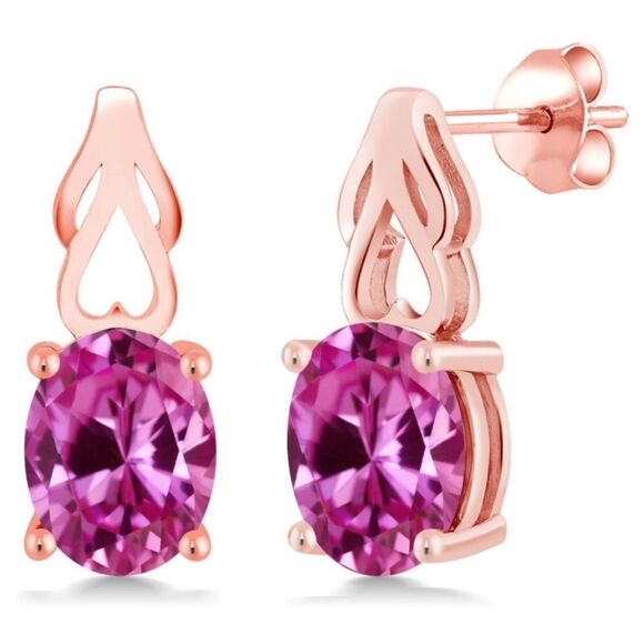 18K Rose Gold 925 with 4.80 Cttw Pink Sapphire Oval Post Back Drop Earrings - Picture 1 of 4